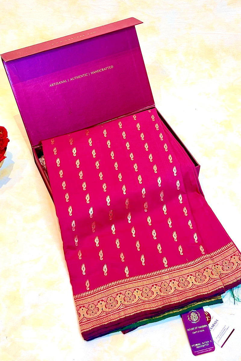 Handloom Kadhua Banarasi Shalu Saree - Sangita Laxmi- Pink Green