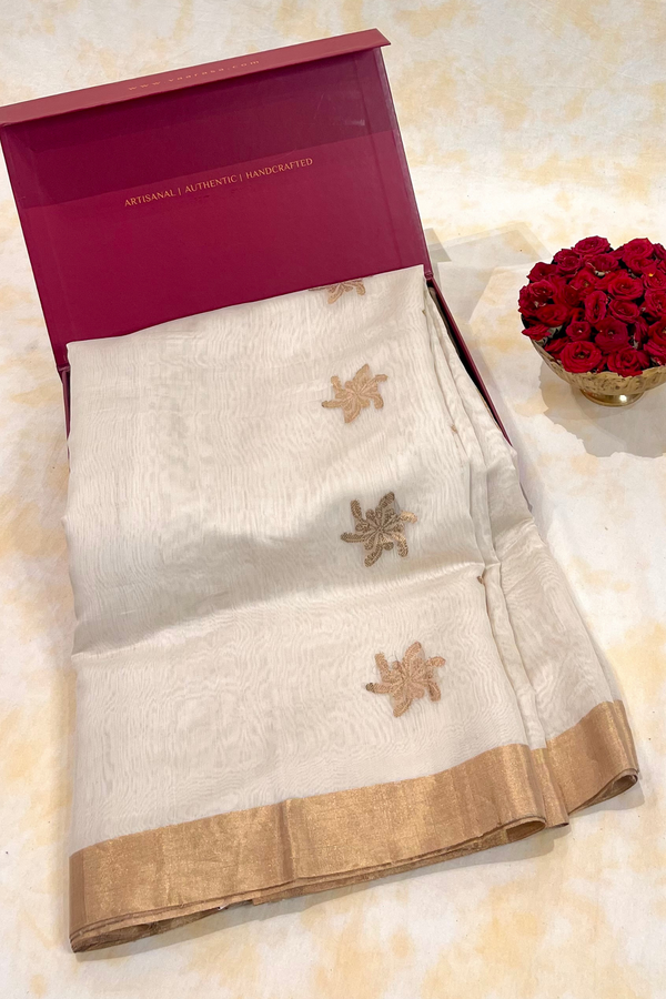 HOV Handloom Chanderi Cotton Silk Saree - Off White Plain Zari Pallu - 021