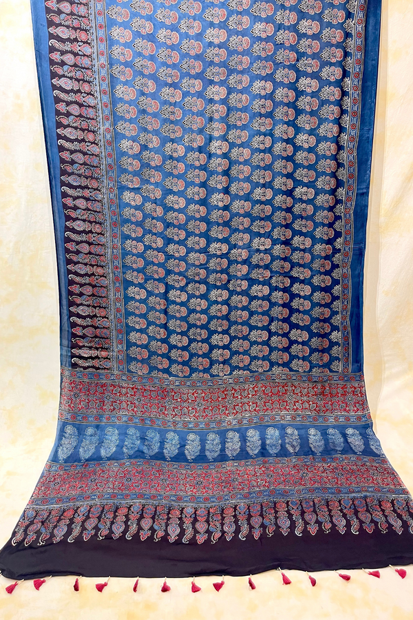 HOV Ajarakh Hand-Block Print Saree - Modal  -Blue