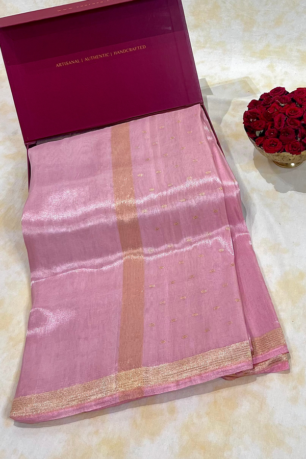 HOV Exclusive Pure Zari Handloom Banarasi Tissue Silk Saree -Light Pink Plain Silver Zari Kasturi - 035