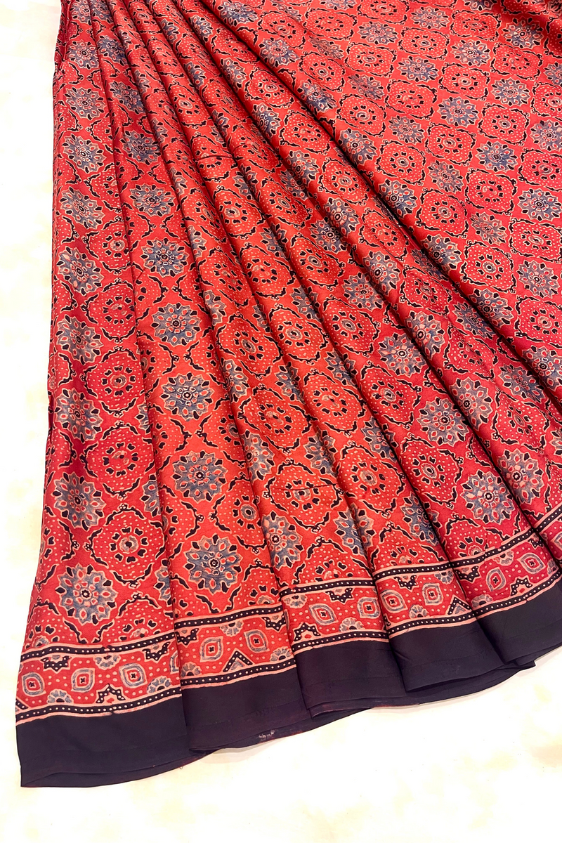 HOV Ajarakh Hand-Block Print Saree with Zari Patta - Modal  - 003