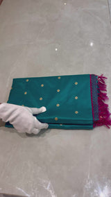 Gold Zari Handloom Kadhua Banarasi Shalu Silk Satin Saree - Small Border - Sangita- Pink Green