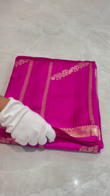 Handloom Kadhua Banarasi Silk Saree -Floral Stripe - Rani Pink