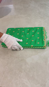 Handlloom Kadhua Banarasi Silk Saree- Big Border - Parrot Green Pink Meena