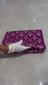 HOV Handloom Pure Zari Banarasi Katan Silk Saree - Jaangla - Purple Green All Over Design - 082