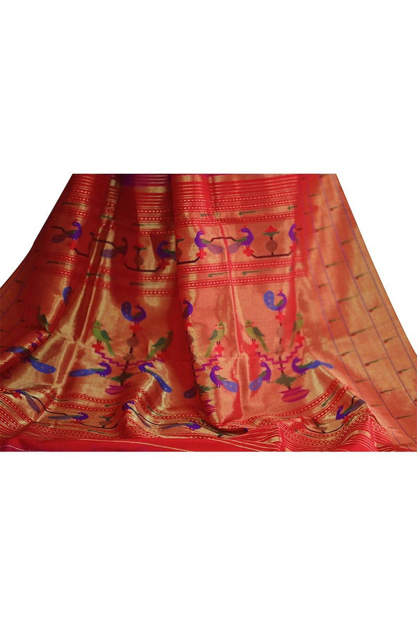 Pink Parrot Motif Triple Muniya Border Paithani Saree- 3gm gold zari - Vaarasa