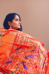 Yellow Triple Muniya Border Parrot Peacock Motif Paithani Saree- 3gm gold zari - Vaarasa