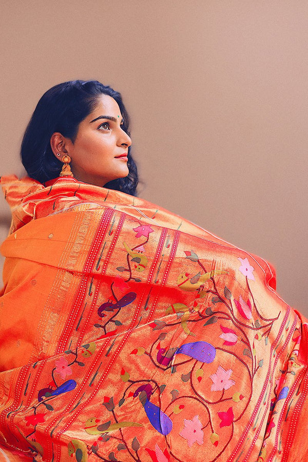 Yellow Triple Muniya Border Parrot Peacock Motif Paithani Saree- 3gm gold zari - Vaarasa