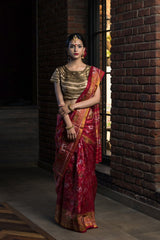 Handwoven Devi Red Double Ikat Saree In Pure Silk - Vaarasa