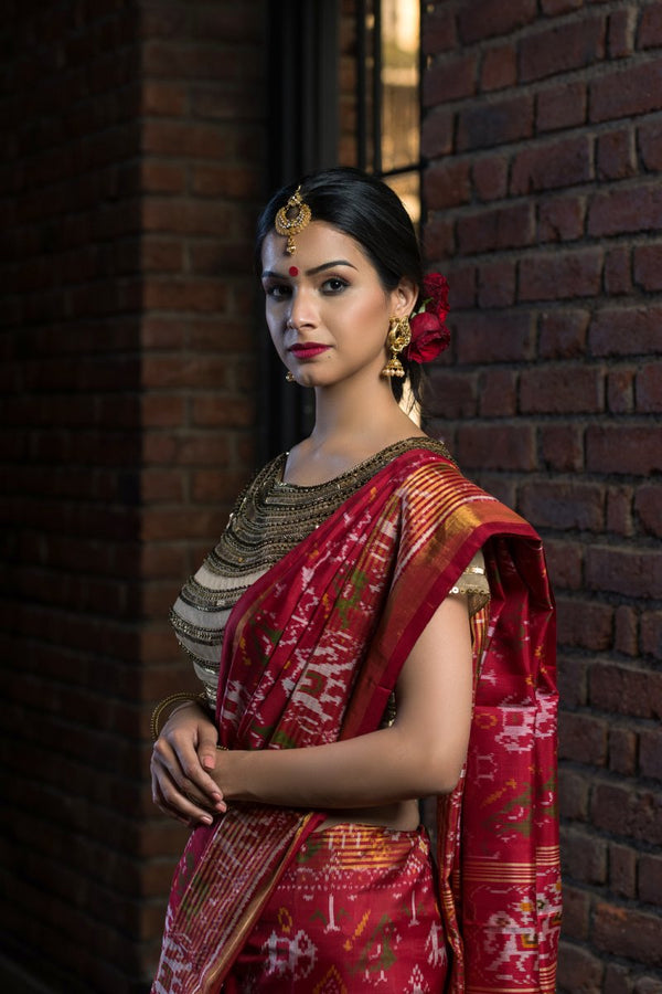 Handwoven Devi Red Double Ikat Saree In Pure Silk - Vaarasa