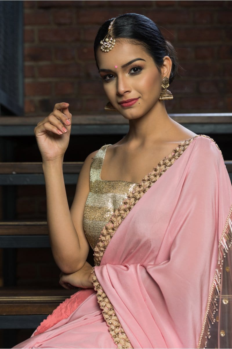 Aashna Pastel Pink Hand Embroidered in Pure Crepe Saree - Vaarasa