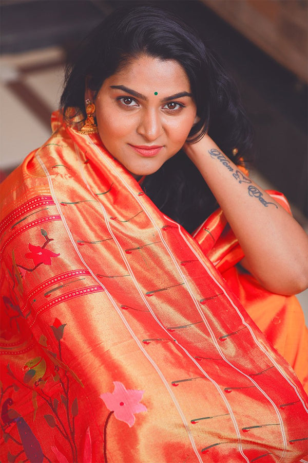 Yellow Triple Muniya Border Parrot Peacock Motif Paithani Saree- 3gm gold zari - Vaarasa