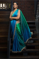 Falak Green Blue Ombre Pure Crepe Hand embroidered  Saree - Vaarasa