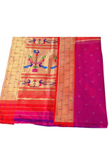 Pink Parrot Motif Triple Muniya Border Paithani Saree- 3gm gold zari - Vaarasa
