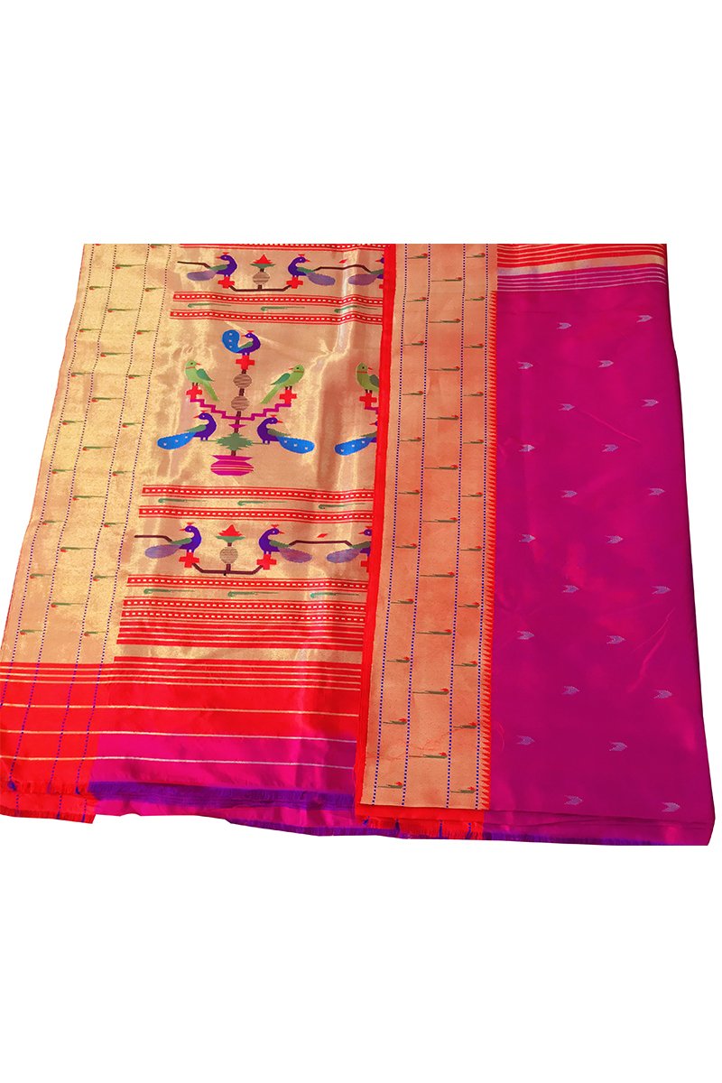 Pink Parrot Motif Triple Muniya Border Paithani Saree- 3gm gold zari - Vaarasa