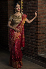 Handwoven Devi Red Double Ikat Saree In Pure Silk - Vaarasa