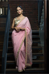 Aashna Pastel Pink Hand Embroidered in Pure Crepe Saree - Vaarasa
