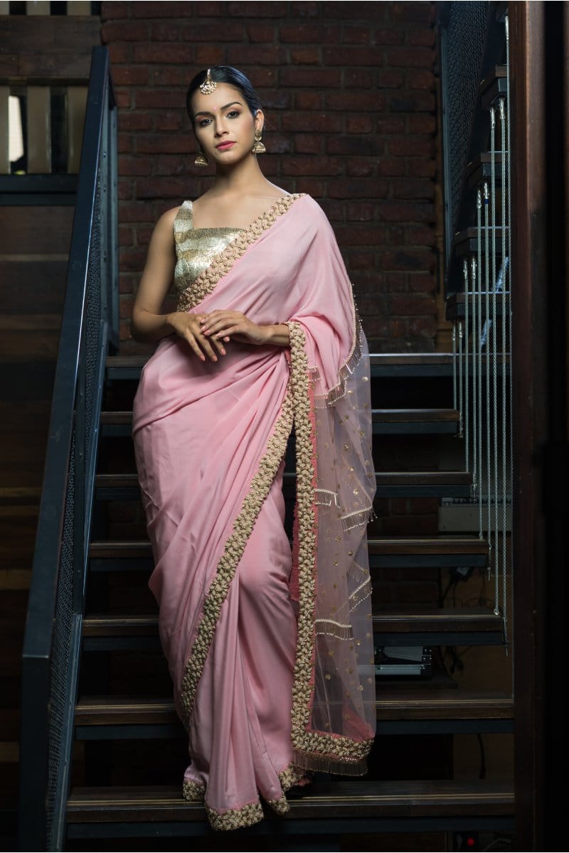 Aashna Pastel Pink Hand Embroidered in Pure Crepe Saree - Vaarasa