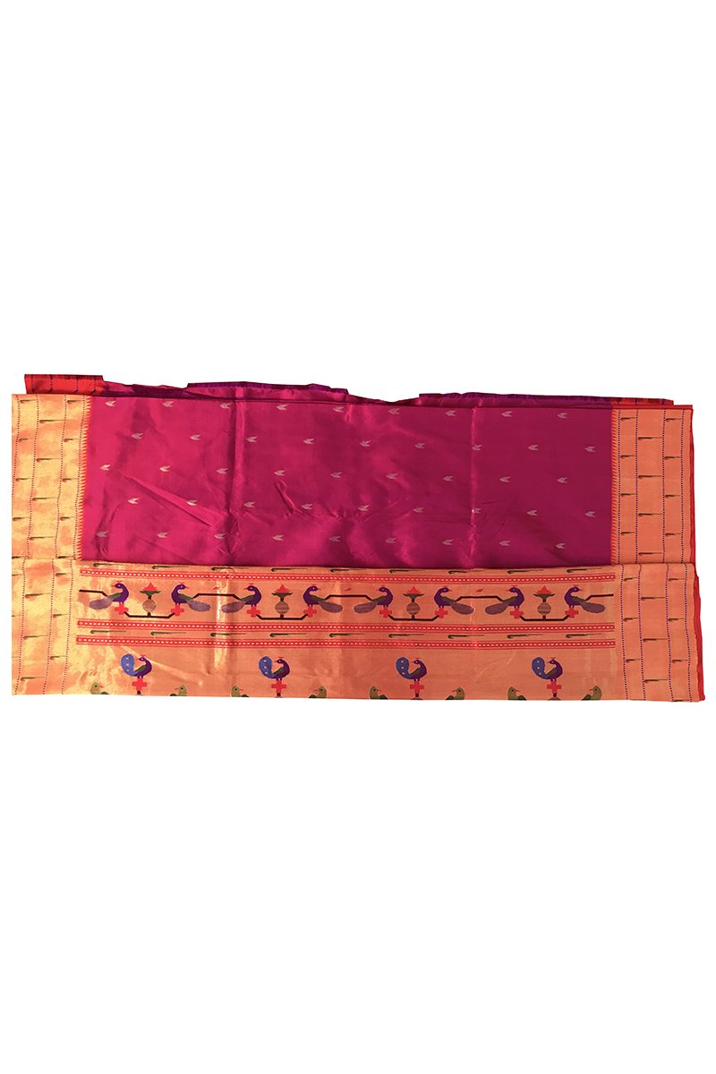Pink Parrot Motif Triple Muniya Border Paithani Saree- 3gm gold zari - Vaarasa