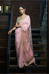 Aashna Pastel Pink Hand Embroidered in Pure Crepe Saree - Vaarasa
