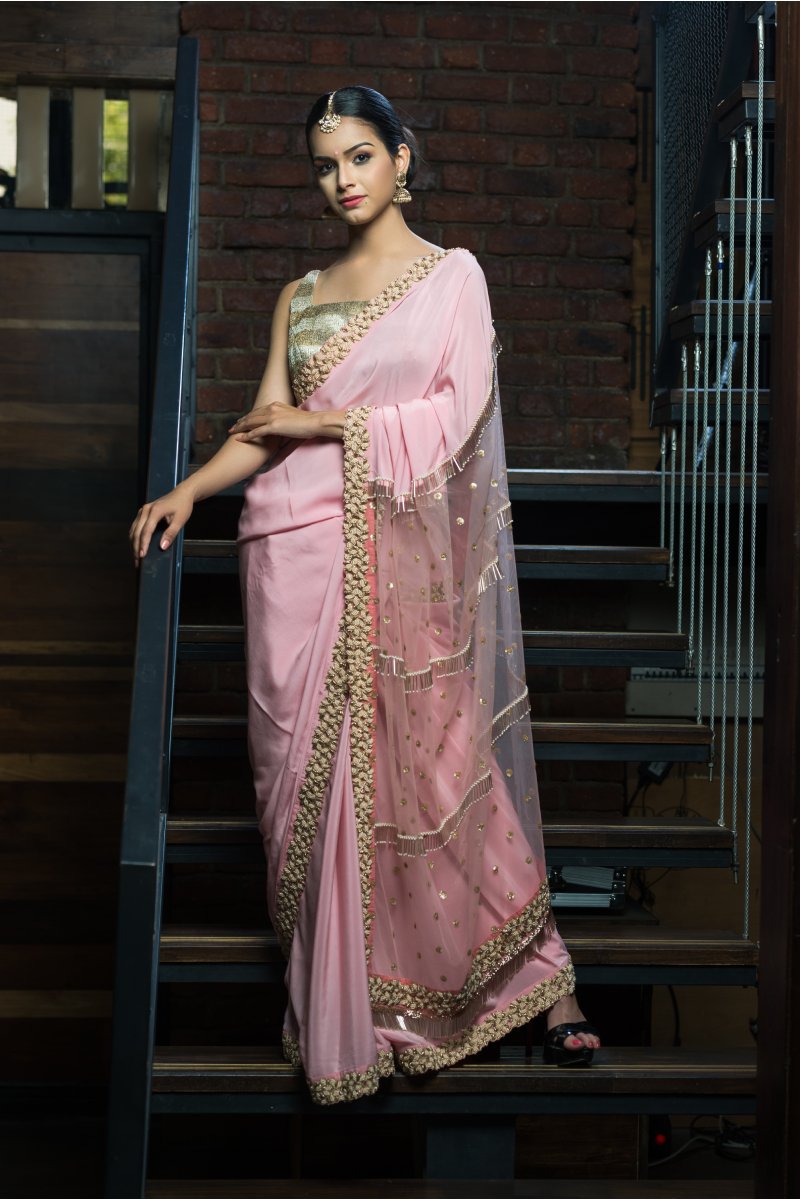 Aashna Pastel Pink Hand Embroidered in Pure Crepe Saree - Vaarasa