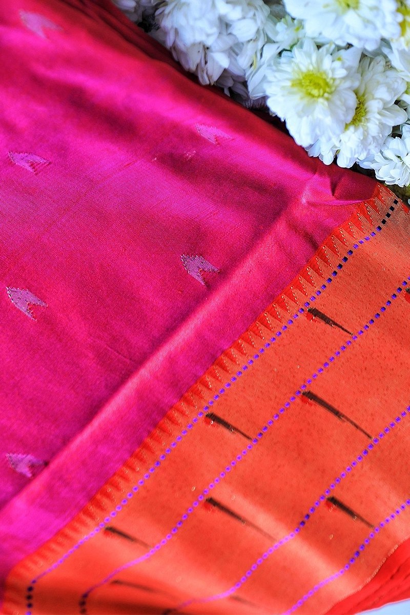 Pink Parrot Motif Triple Muniya Border Paithani Saree- 3gm gold zari - Vaarasa