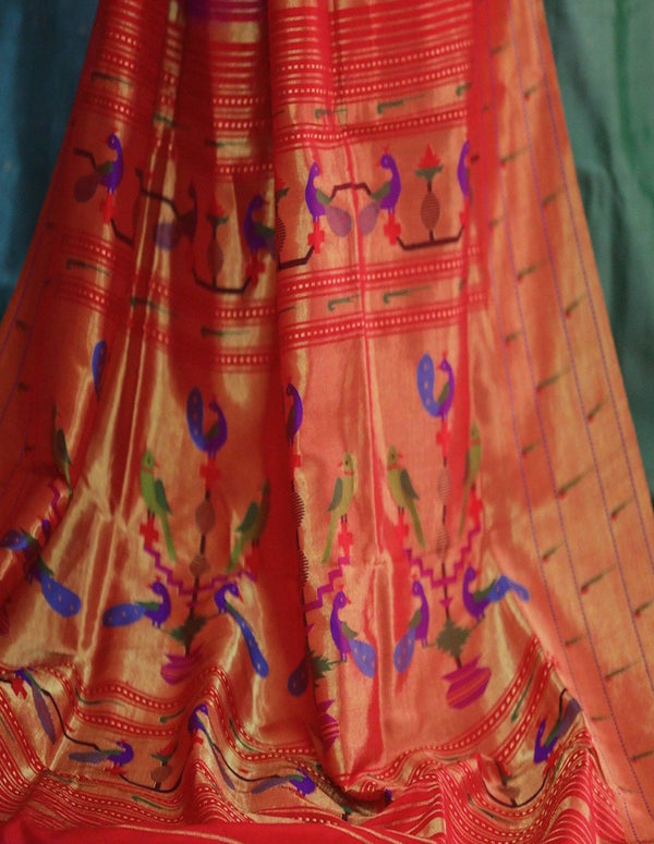 Pink Parrot Motif Triple Muniya Border Paithani Saree- 3gm gold zari - Vaarasa