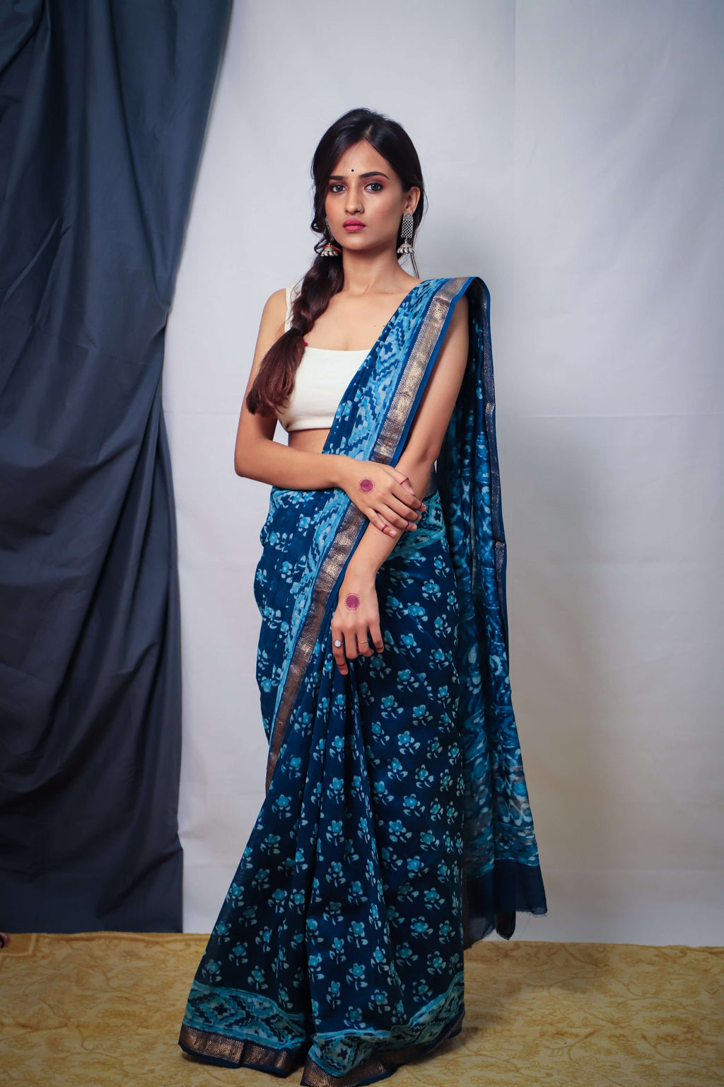 Buy COTTON INDIA Handblock Printed Indigo Linen Saree Saree withe blouse  Women's Lileen Saree indigo Bagru Print Saree at Amazon.in