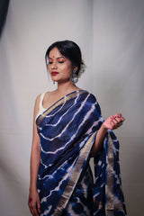 Indigo Blue White Stripes Maheshwari Cotton Saree - Vaarasa