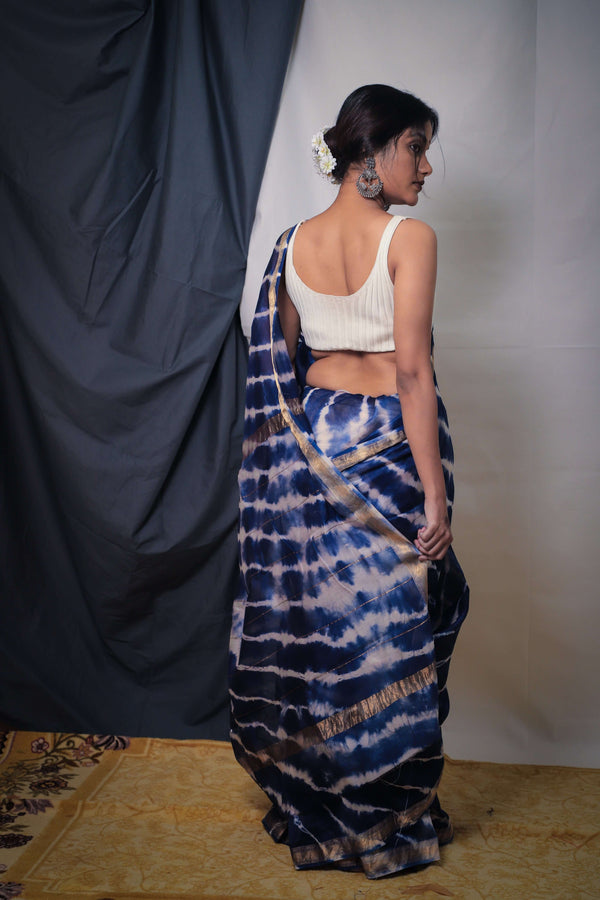 Indigo Blue White Stripes Maheshwari Cotton Saree - Vaarasa