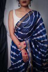 Indigo Blue White Stripes Maheshwari Cotton Saree - Vaarasa