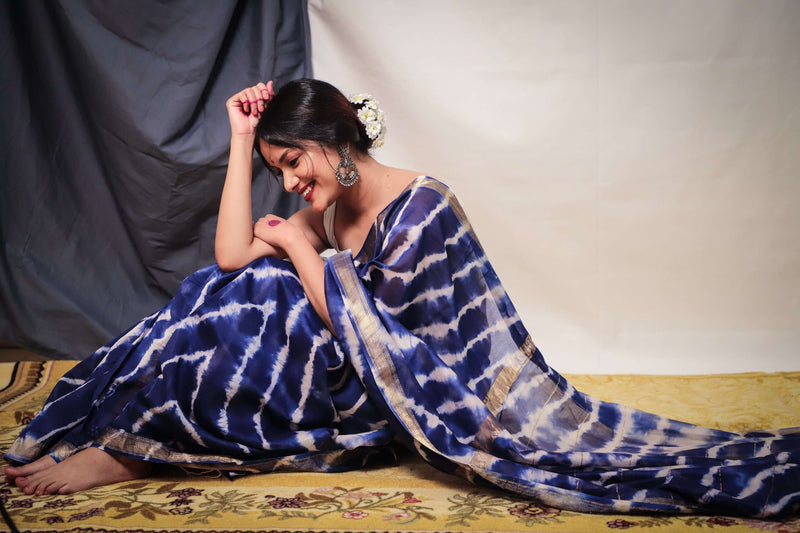 Indigo Blue White Stripes Maheshwari Cotton Saree - Vaarasa