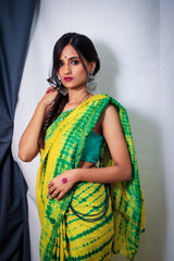 Cotton Chanderi Yellow-Green Shibori Print Saree