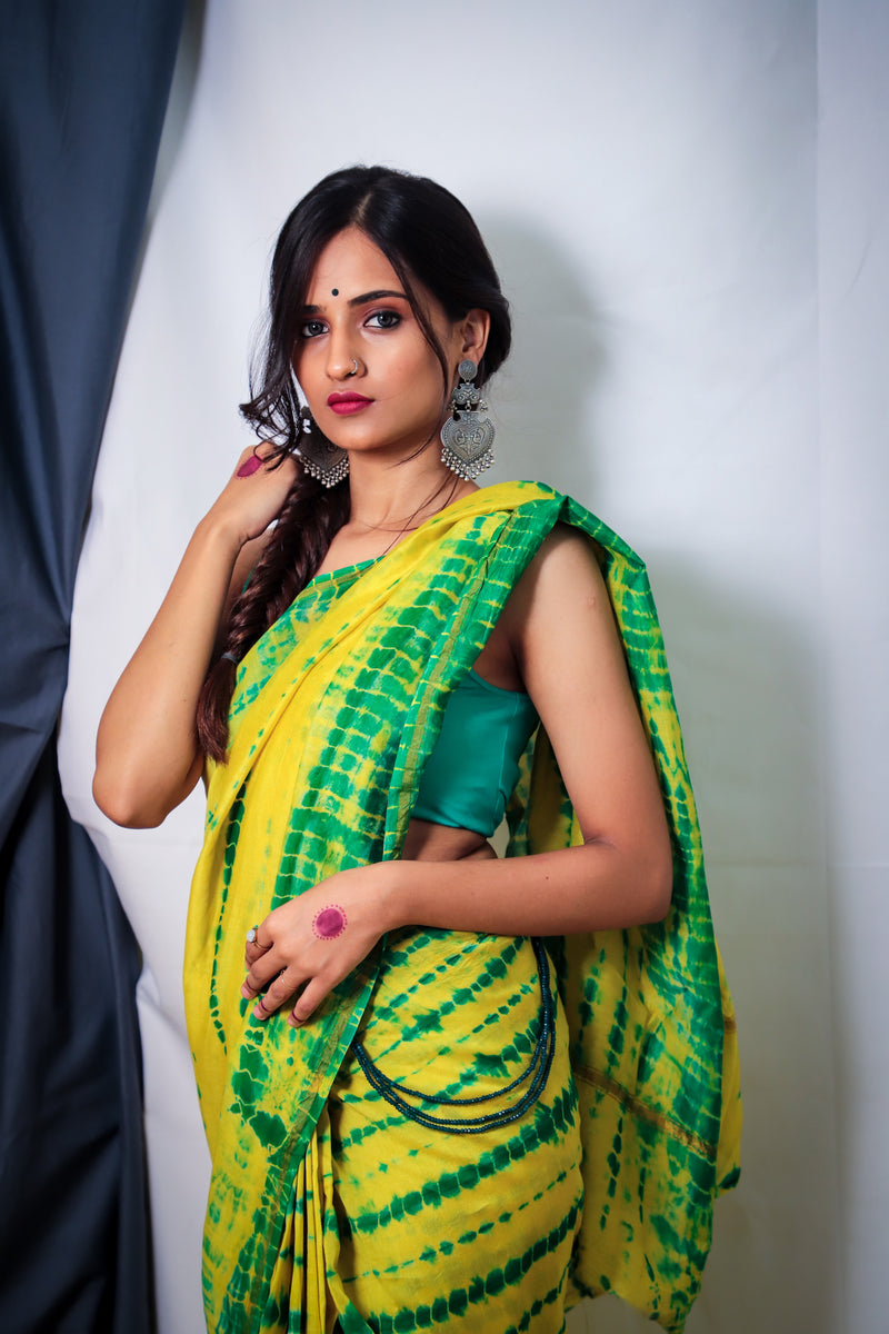 Cotton Chanderi Yellow-Green Shibori Print Saree