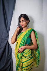 Cotton Chanderi Yellow-Green Shibori Print Saree