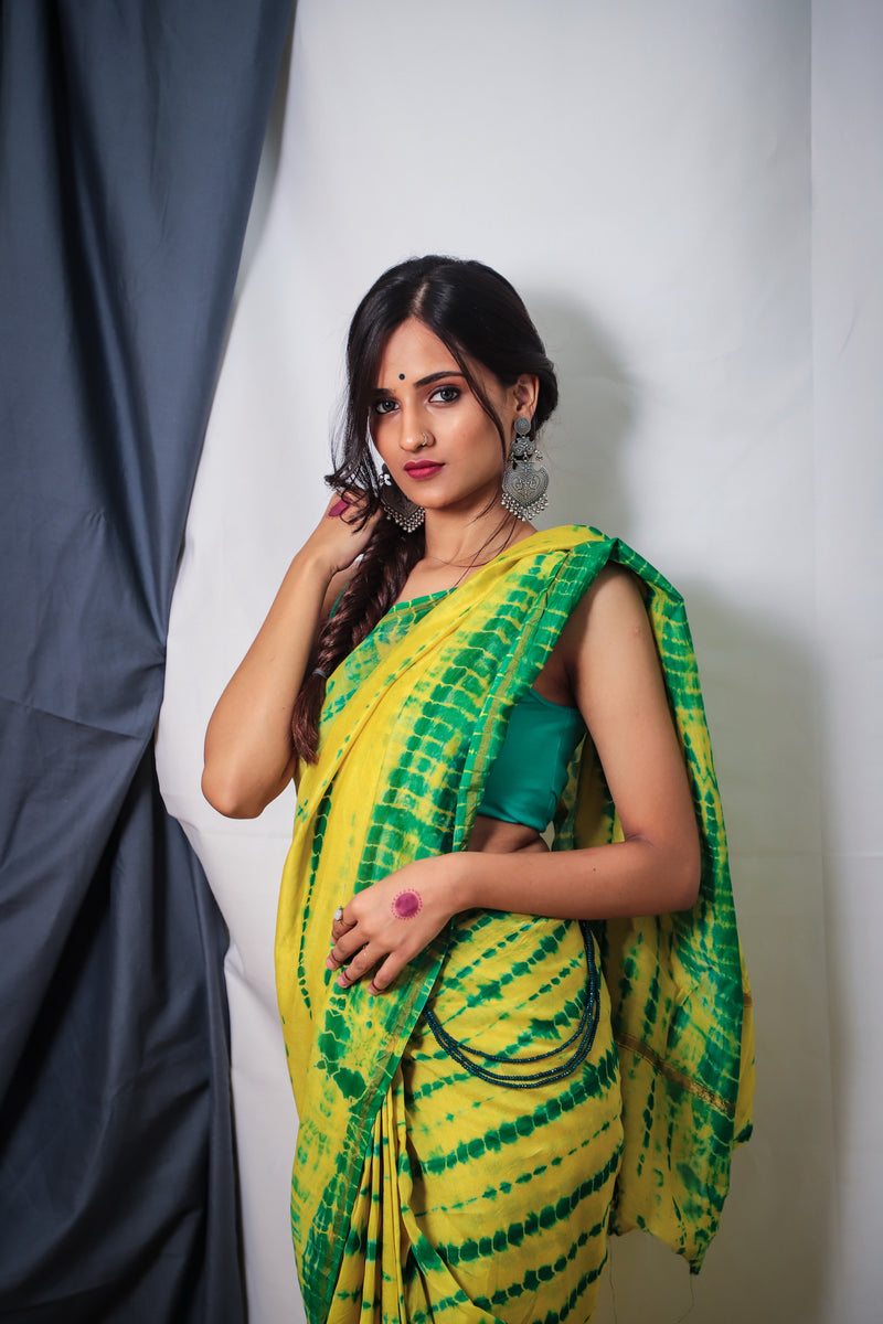 Cotton Chanderi Yellow-Green Shibori Print Saree