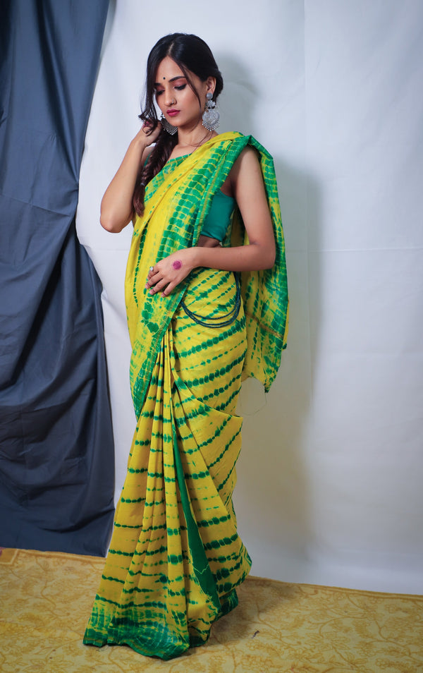 Cotton Chanderi Yellow-Green Shibori Print Saree
