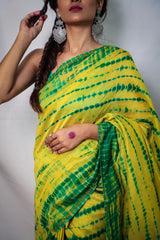 Cotton Chanderi Yellow-Green Shibori Print Saree