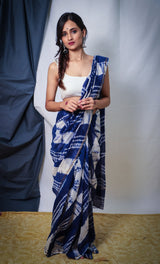 Cotton Chanderi White Blue Indigo Dye Shibori Saree