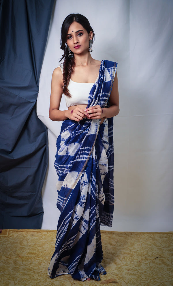 Cotton Chanderi White Blue Indigo Dye Shibori Saree
