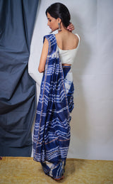 Cotton Chanderi White Blue Indigo Dye Shibori Saree