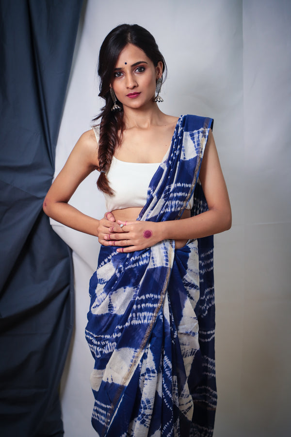 Cotton Chanderi White Blue Indigo Dye Shibori Saree