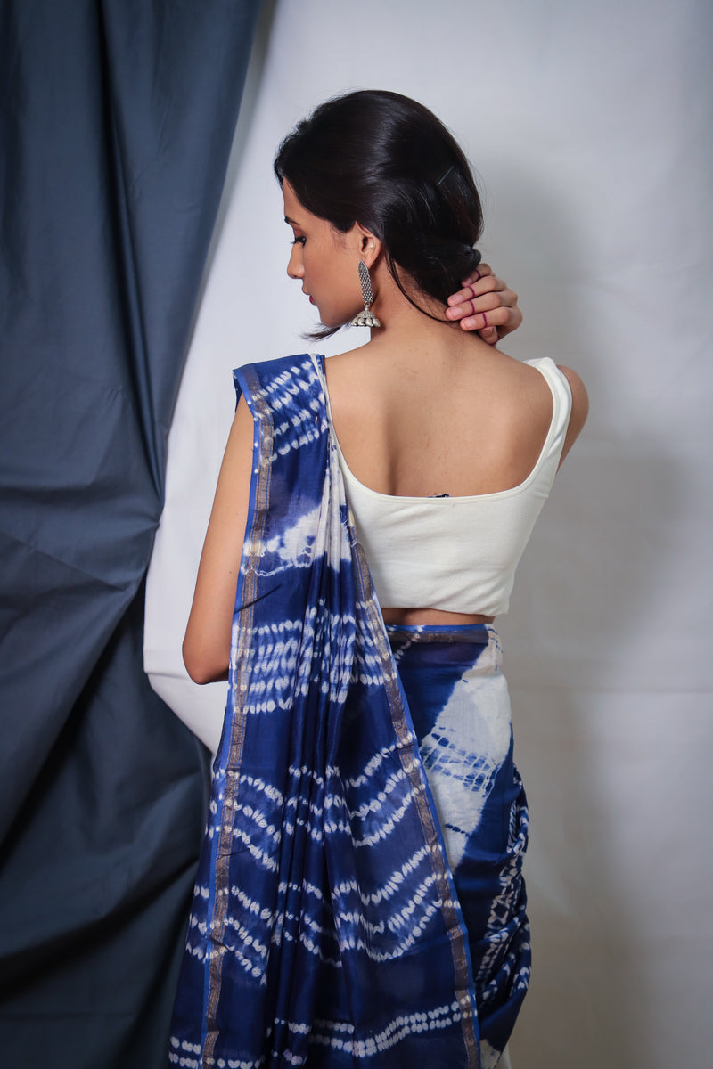 Cotton Chanderi White Blue Indigo Dye Shibori Saree