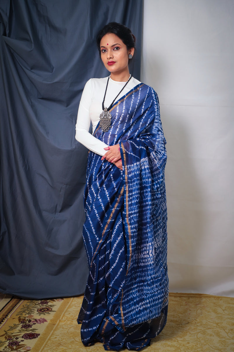 Cotton Chanderi Indigo Blue White Stripes Shibori Saree