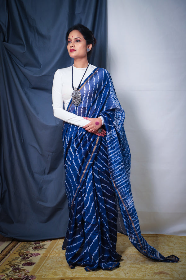Cotton Chanderi Indigo Blue White Stripes Shibori Saree