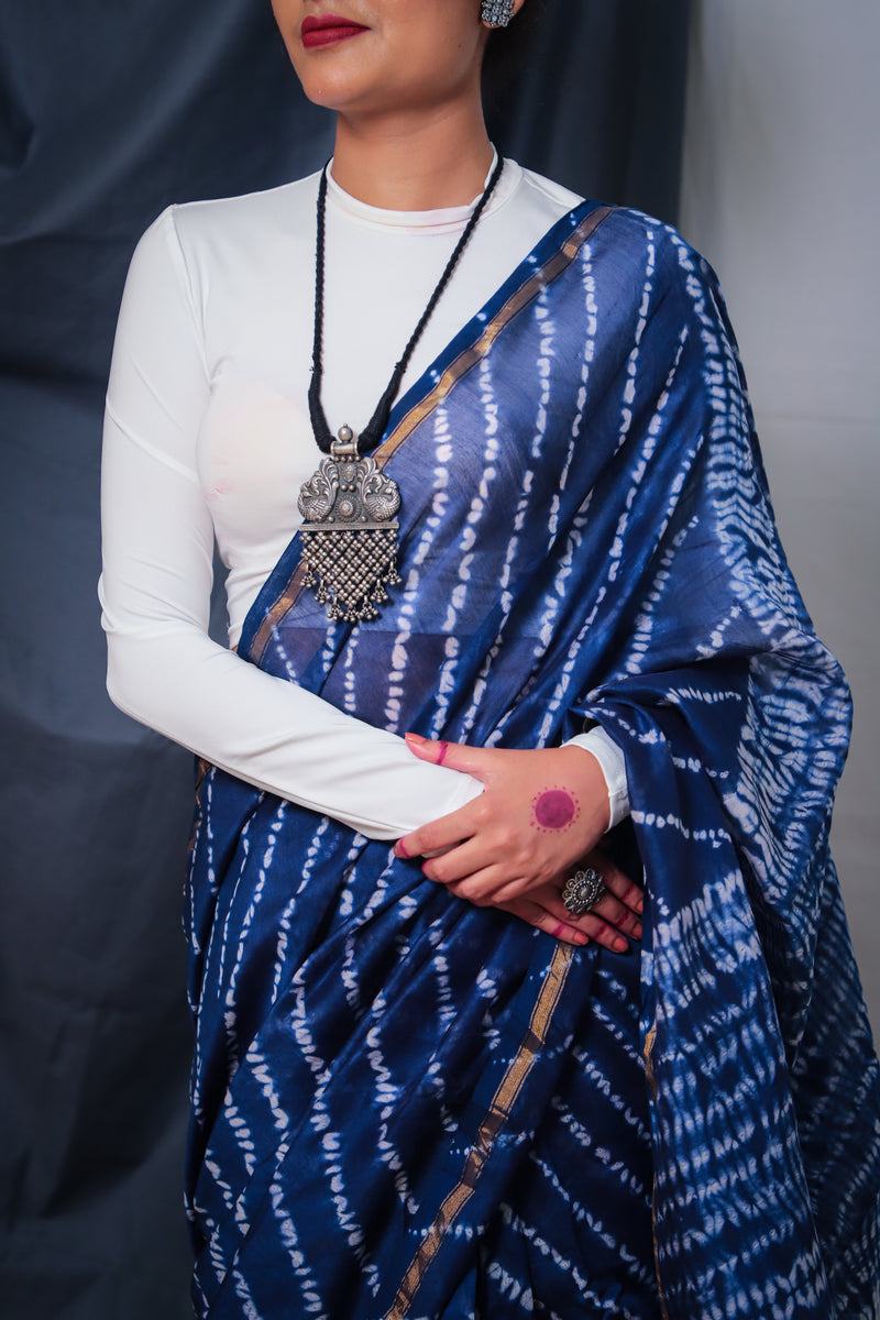Cotton Chanderi Indigo Blue White Stripes Shibori Saree