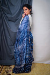 Cotton Chanderi Indigo Blue White Stripes Shibori Saree