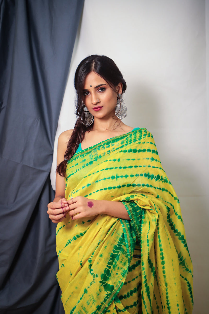 Cotton Chanderi Yellow-Green Shibori Print Saree