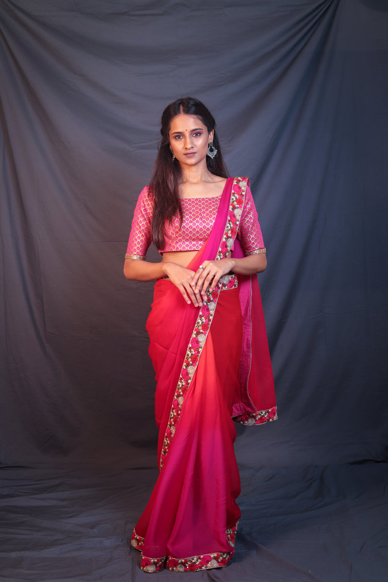 Embroidered Border Ombre Pink Chiffon Saree