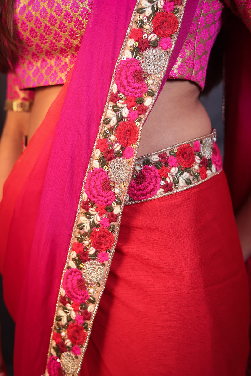 Embroidered Border Ombre Pink Chiffon Saree